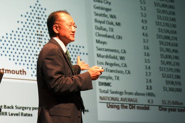 College President Jim Yong Kim discussed ways to cut health care costs.