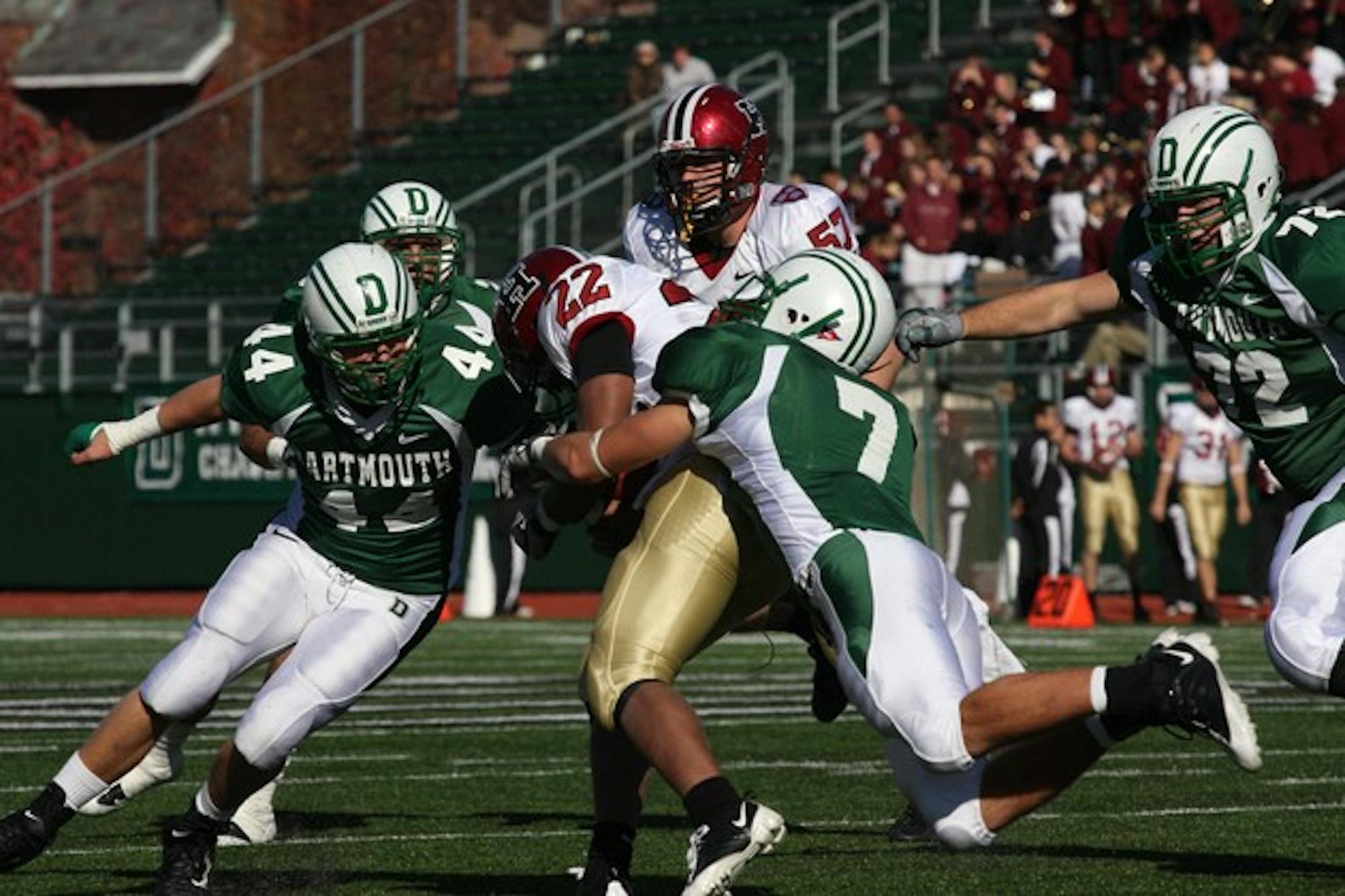 While Dartmouth's defense limited Crimson QB Chris Pizzotti to 98 yards passing, the Big Green yielded 368 rushing yards to the Harvard running attack.