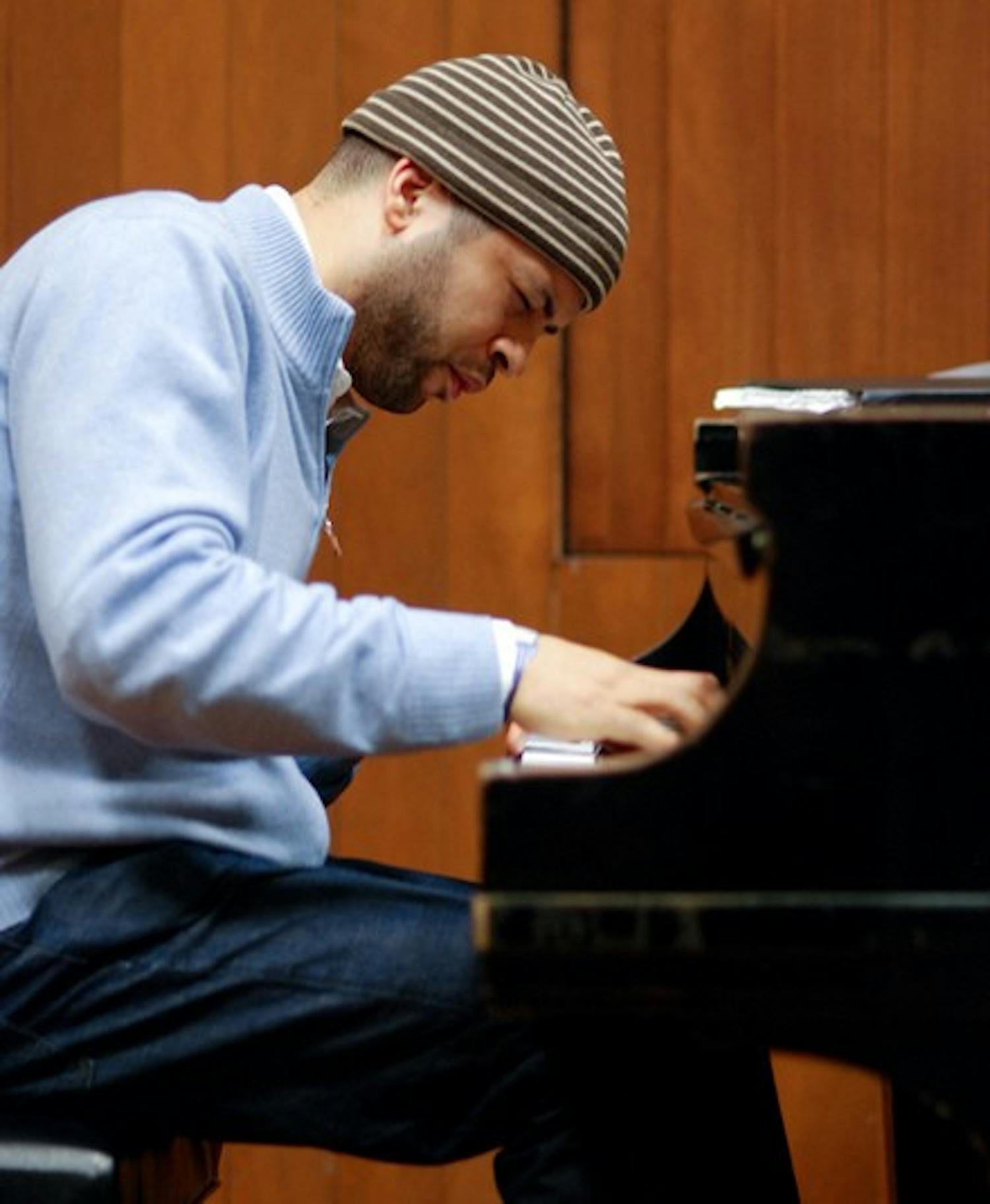 Jason Moran plays piano during a master class in Faulkner last week.