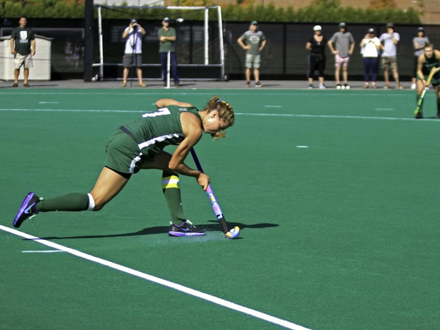 Ali Savage ’15, the Big Green’s scoring leader this year, shot for goal against Bryant.