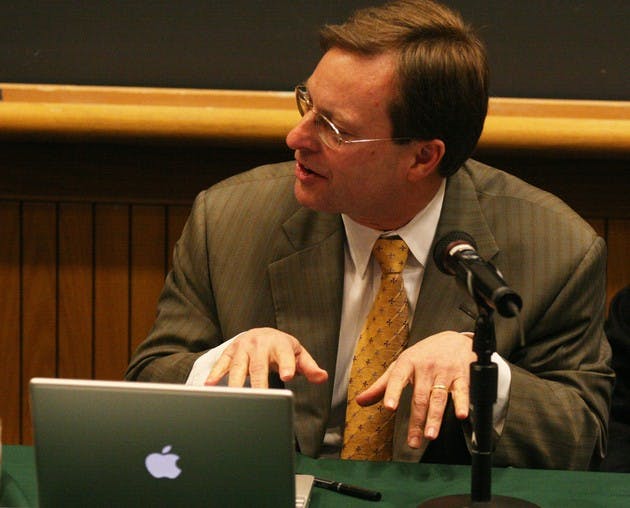 John Hinderaker '71, a writer for the conservative Powerline blog, speaks at a panel on blogging Thursday evening at the Rockefeller Center.