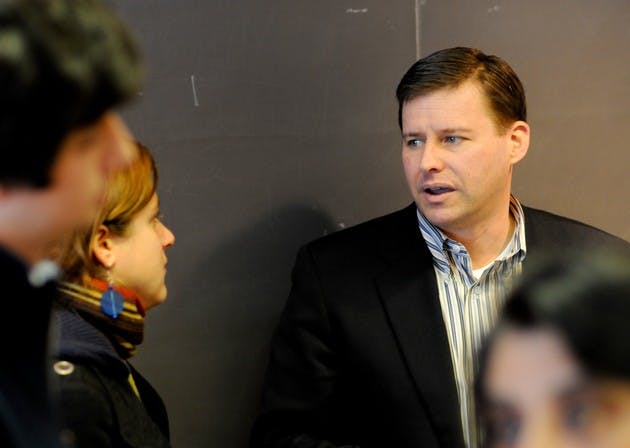 Illinois congressional candidate Charlie Wheelan '88 spoke to students during a visit to campus in January.