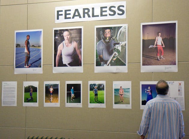 University of California at Santa Barbara lecturer Jeff Sheng's photography exhibit of gay athletes is on display here at Alumni Gym.