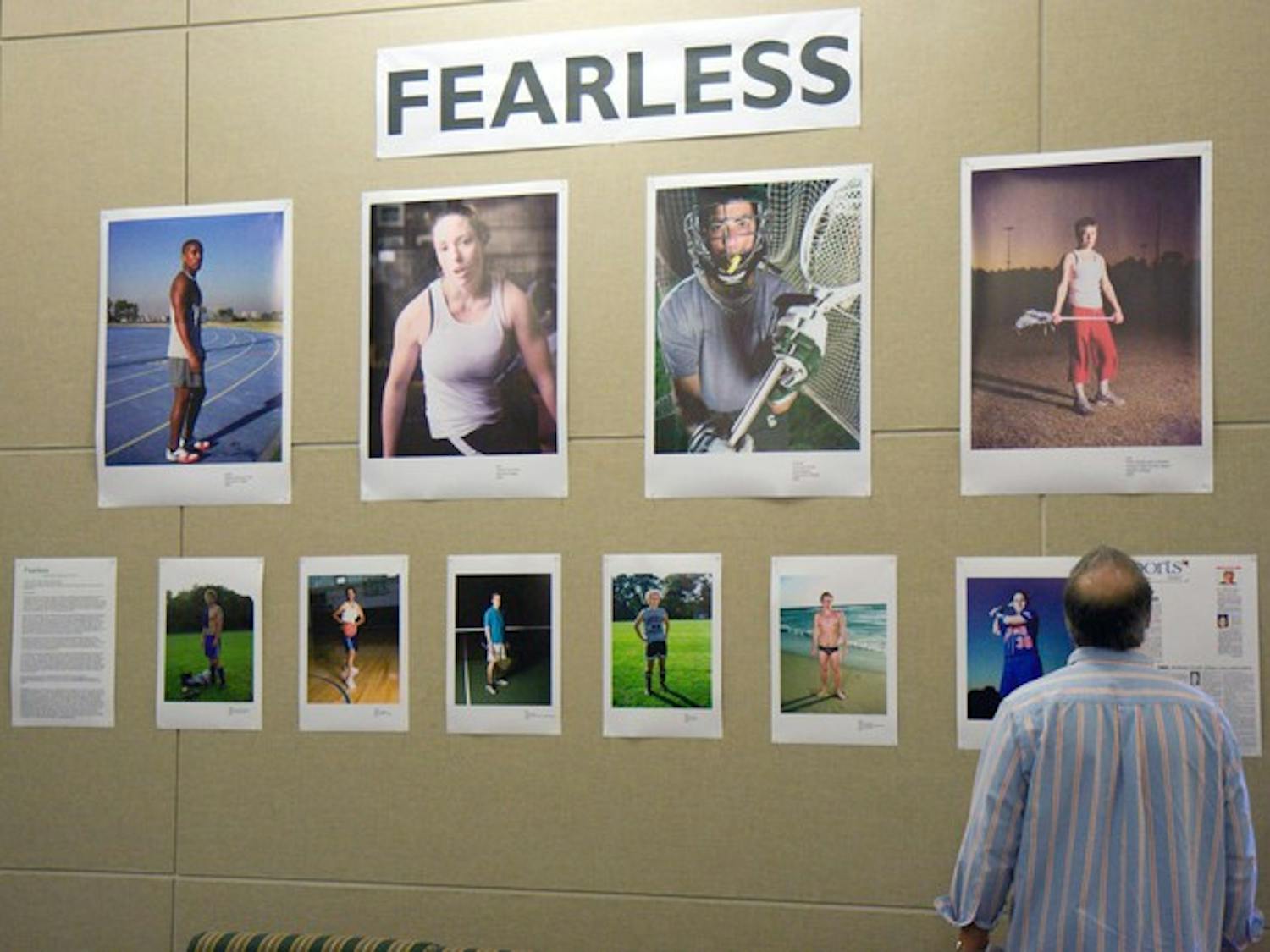 University of California at Santa Barbara lecturer Jeff Sheng's photography exhibit of gay athletes is on display here at Alumni Gym.