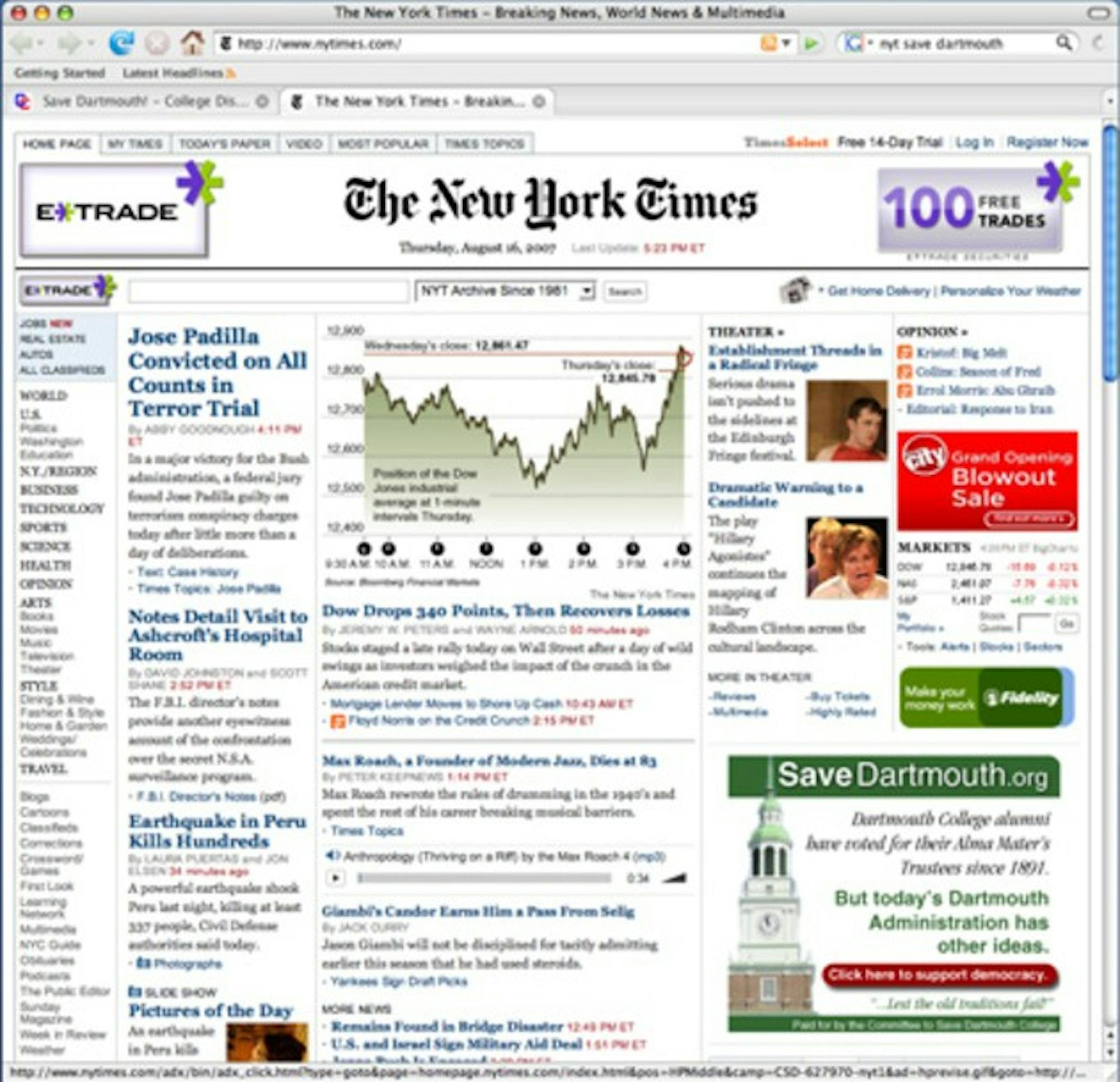 A screenshot of nytimes.com from Thursday. The CSDC ad is located in the lower right.