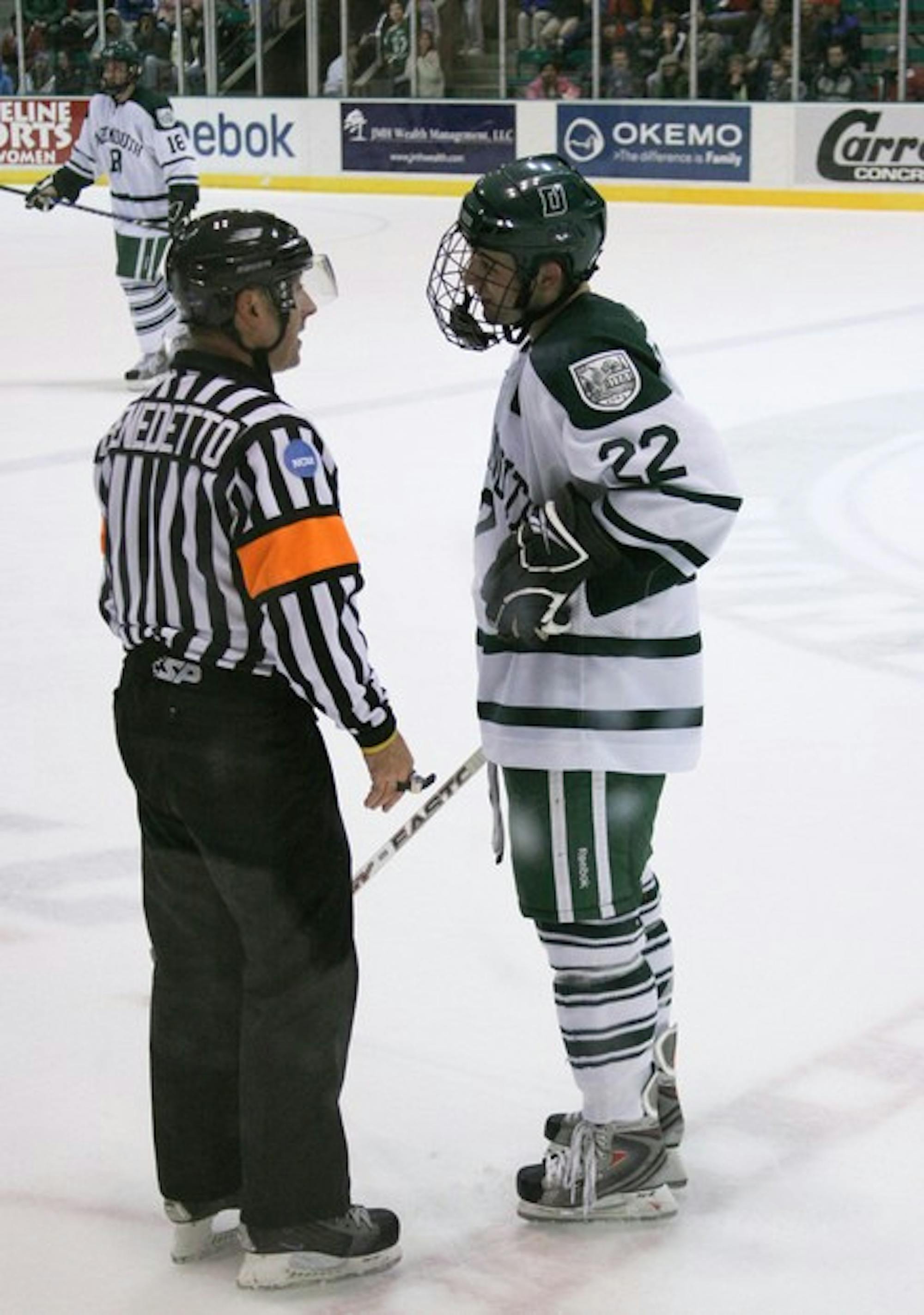 Captain Rob Pritchard '09 pleads with the referee after Boston College tied Sunday's home game with a questionable third period goal before going on to win, 2-1, in overtime, one night after Dartmouth downed Providence College, 4-2.