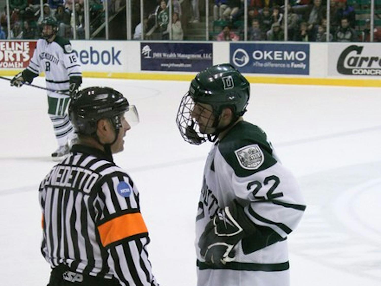 Captain Rob Pritchard '09 pleads with the referee after Boston College tied Sunday's home game with a questionable third period goal before going on to win, 2-1, in overtime, one night after Dartmouth downed Providence College, 4-2.