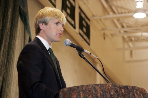 Student Body President Travis Green '08 encouraged freshmen to carve out their own identities in college at Convocation Tuesday, held in Leede Arena.