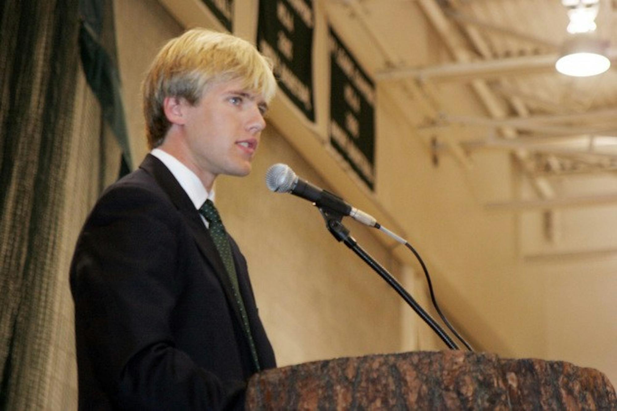 Student Body President Travis Green '08 encouraged freshmen to carve out their own identities in college at Convocation Tuesday, held in Leede Arena.
