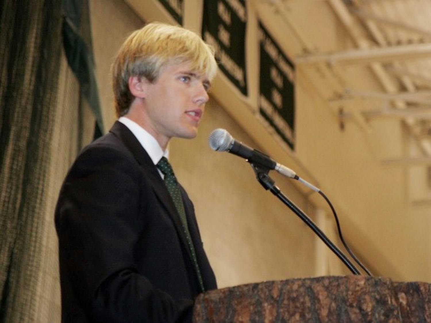 Student Body President Travis Green '08 encouraged freshmen to carve out their own identities in college at Convocation Tuesday, held in Leede Arena.