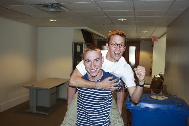 Even if they don't agree on everything, John Ceremsak '13 and Craig Smyser '13 have each other's backs... literally.