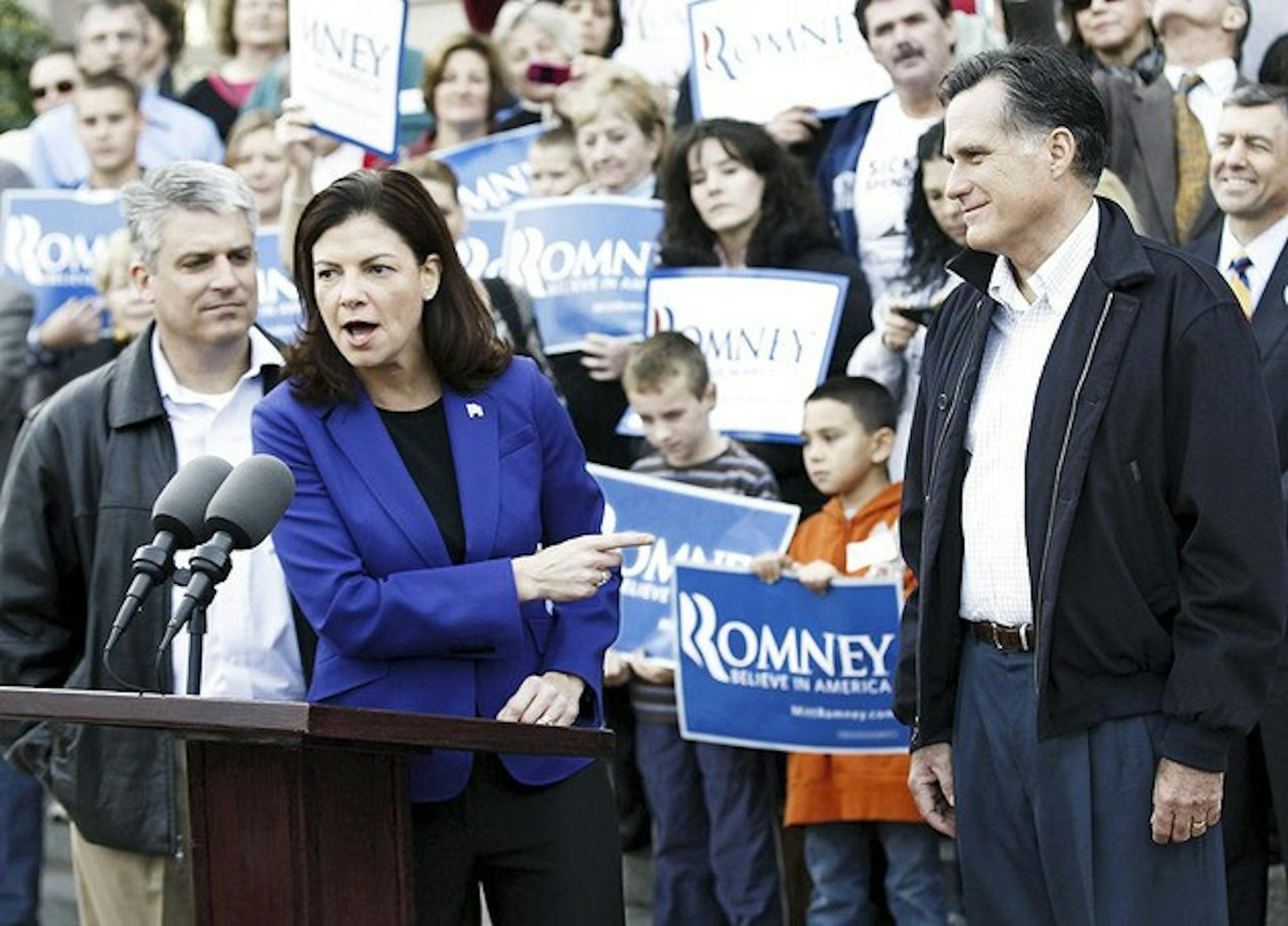 Republican presidential candidate Mitt Romney campaigned with Sen. Kelly Ayotte on Monday, fueling speculation that Ayotte is on his vice-presidential short list.