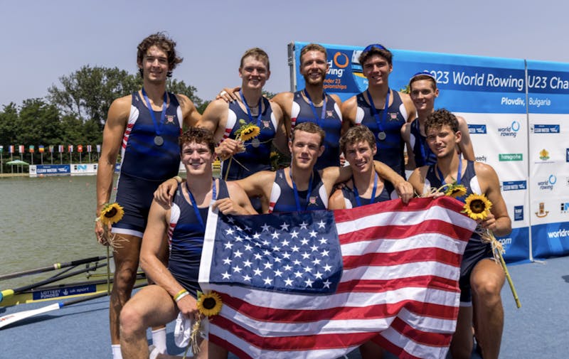 Five members of men’s heavyweight rowing race at the 2023 World Rowing