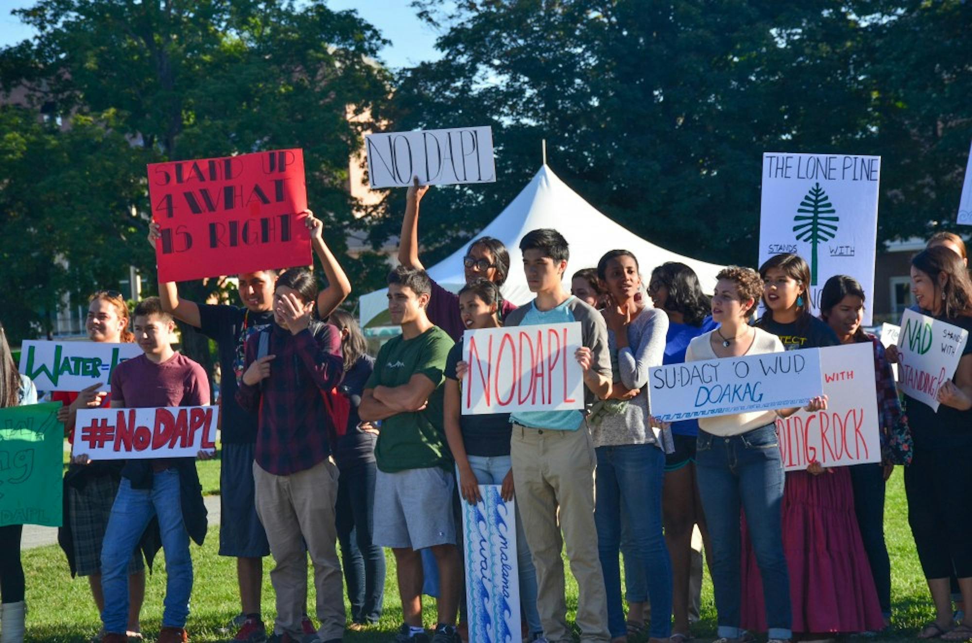 Students gather on the green to protest the Dakota Access Pipeline.