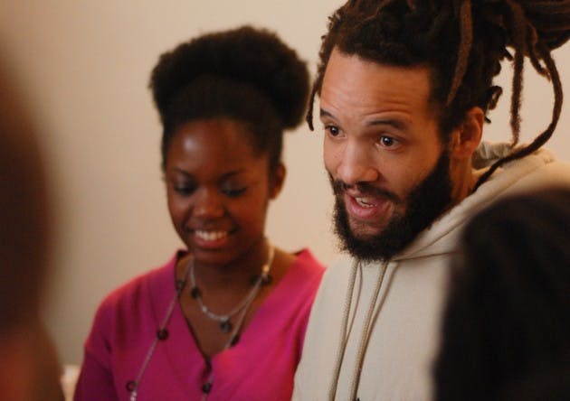 Glover shares his insights with students at Wednesday's workshop.