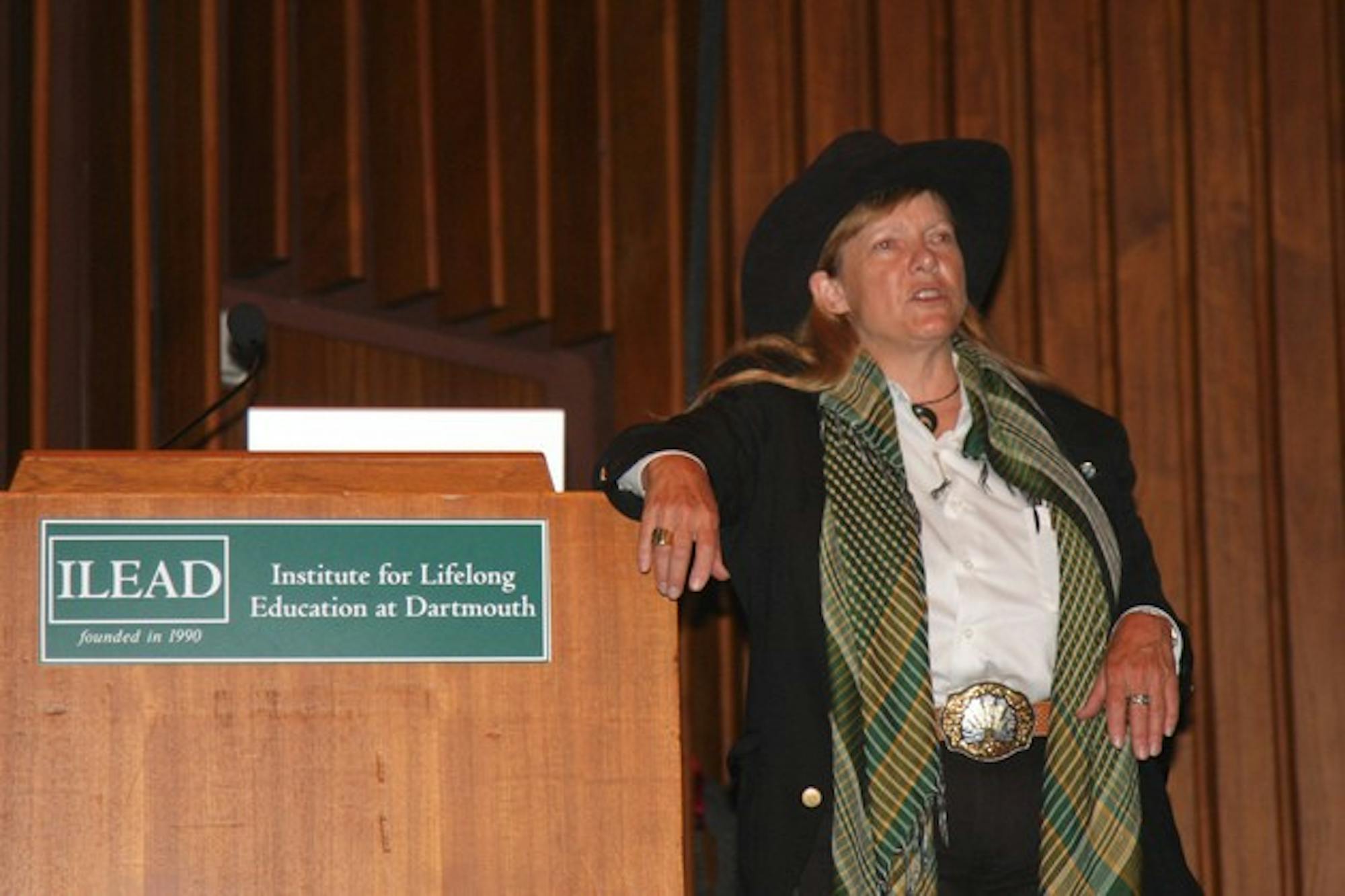 Hunter Lovins, CEO of Natural Capitalism Solutions Inc. and co-founder of the Rocky Mountain Institute speaks in Spaulding Auditorium.