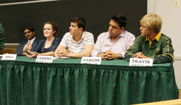 Student Body President hopefuls juniors Raj Koganti, Nova Robinson, Jaromy Siporen, Carlos Mejia and Travis Green debate at Student Assembly Tuesday.