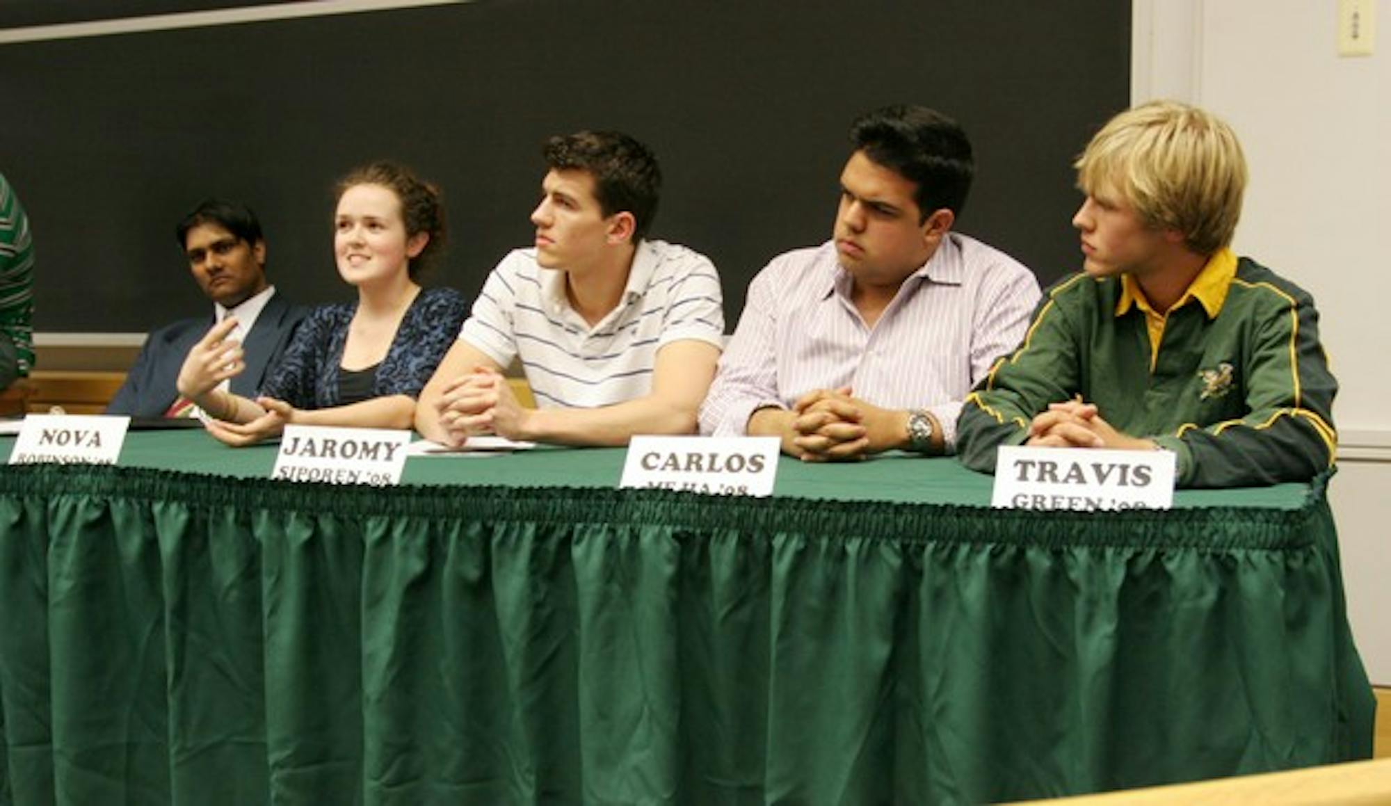Student Body President hopefuls juniors Raj Koganti, Nova Robinson, Jaromy Siporen, Carlos Mejia and Travis Green debate at Student Assembly Tuesday.