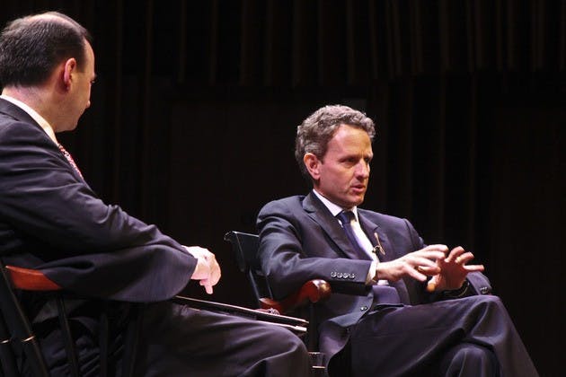 Treasury Secretary Timothy Geithner '83 discussed the ongoing economic recovery in Spaulding Auditorium on Friday.