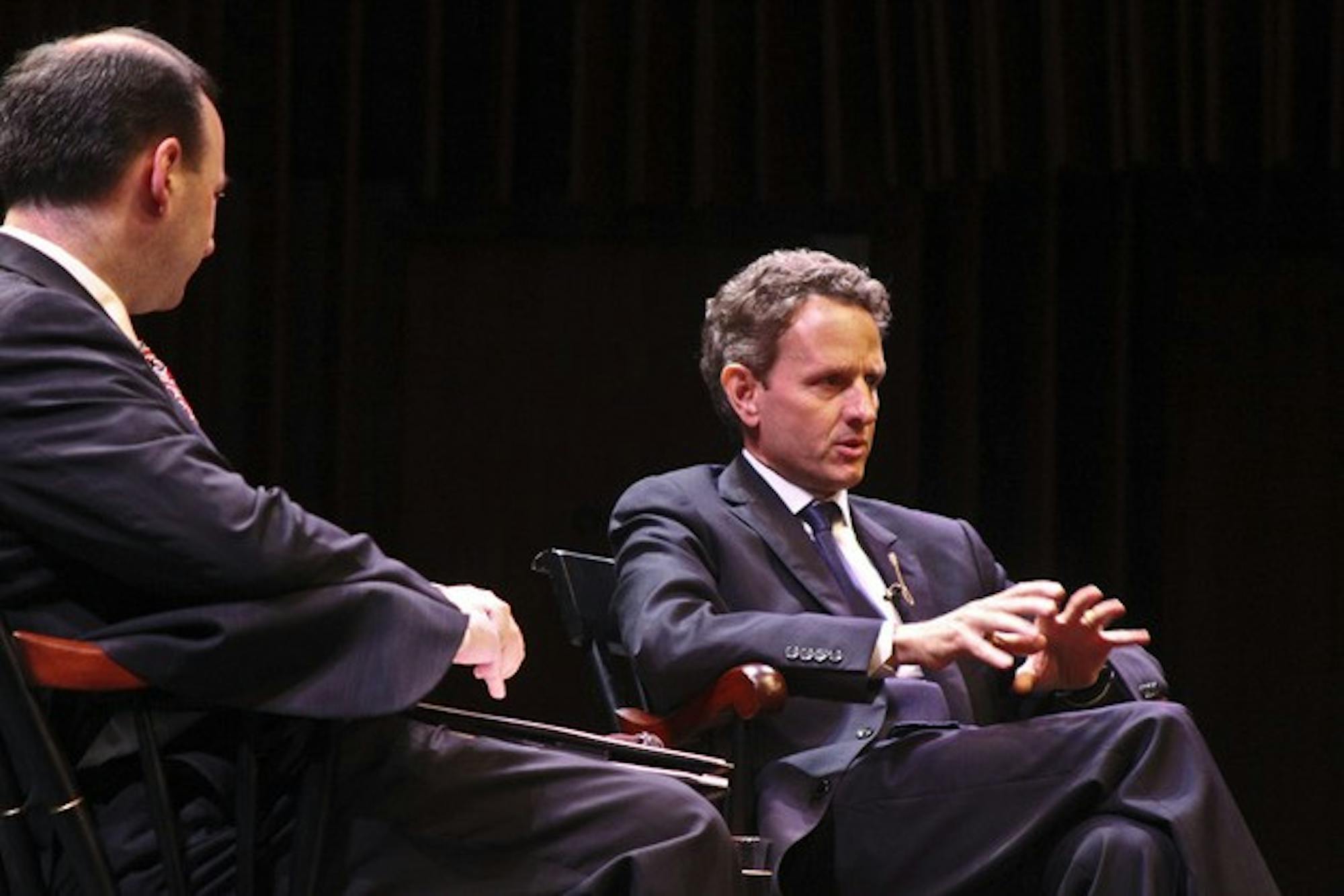 Treasury Secretary Timothy Geithner '83 discussed the ongoing economic recovery in Spaulding Auditorium on Friday.