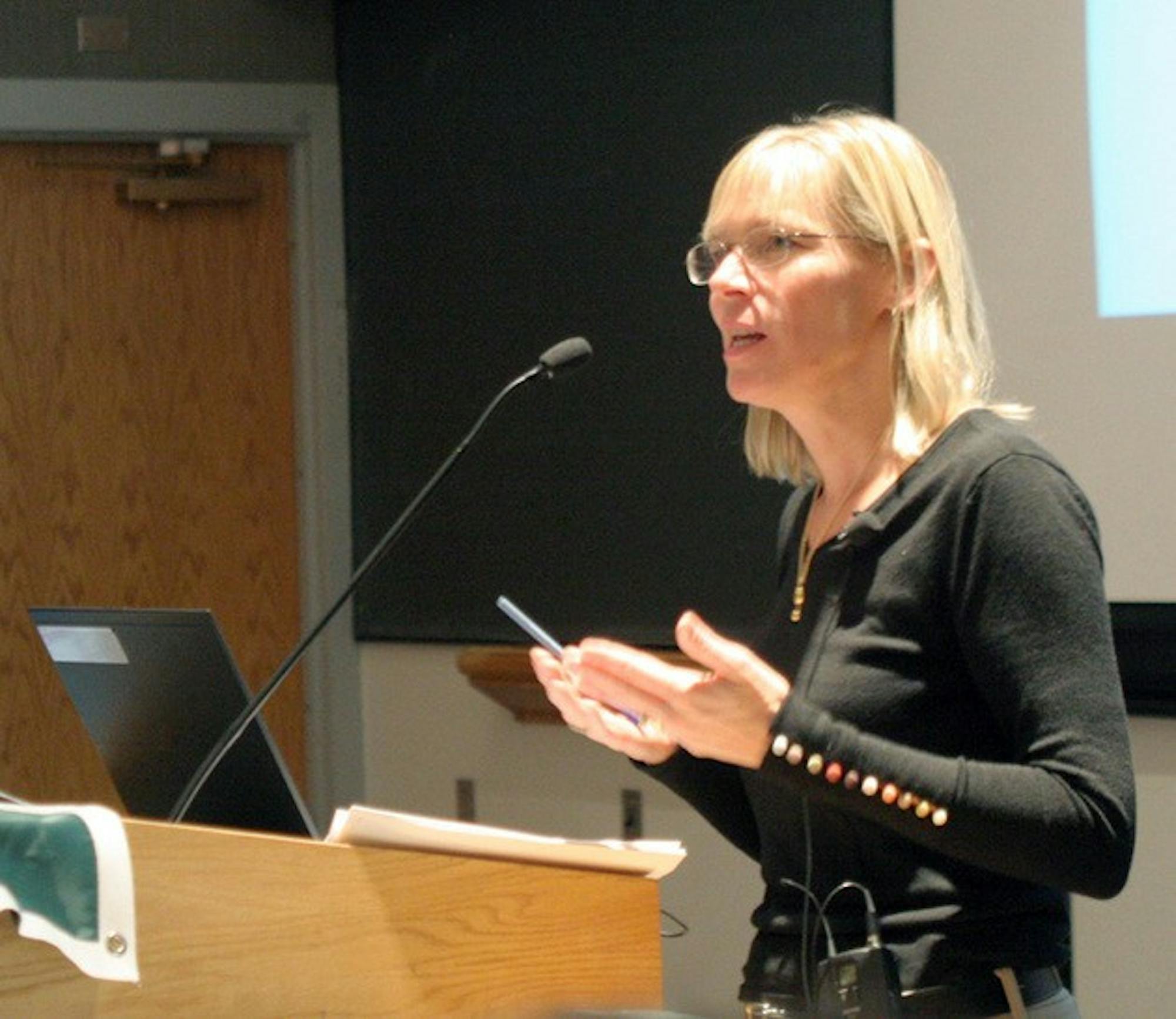 Cathy Zoi Th'85, CEO of the Alliance for Climate Protection, speaks on the climate crisis Friday afternoon at Spanos Auditorium.