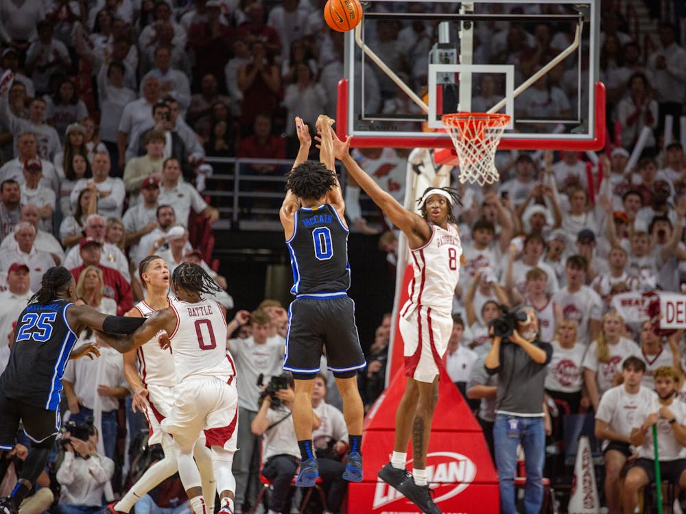 Freshman guard Jared McCain looses a three during the first half of Duke's Wednesday night showpiece with Arkansas.