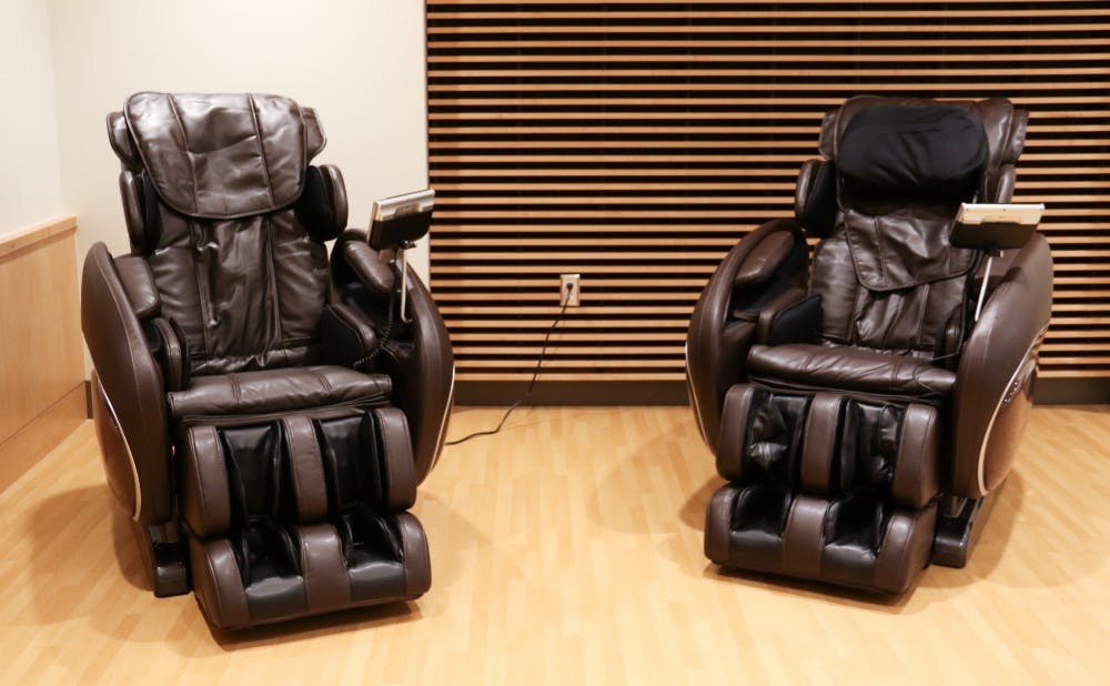 <p>Massage chairs are currently located in&nbsp;Wannamaker Quadrangle and Bell Tower residence hall.&nbsp;</p>