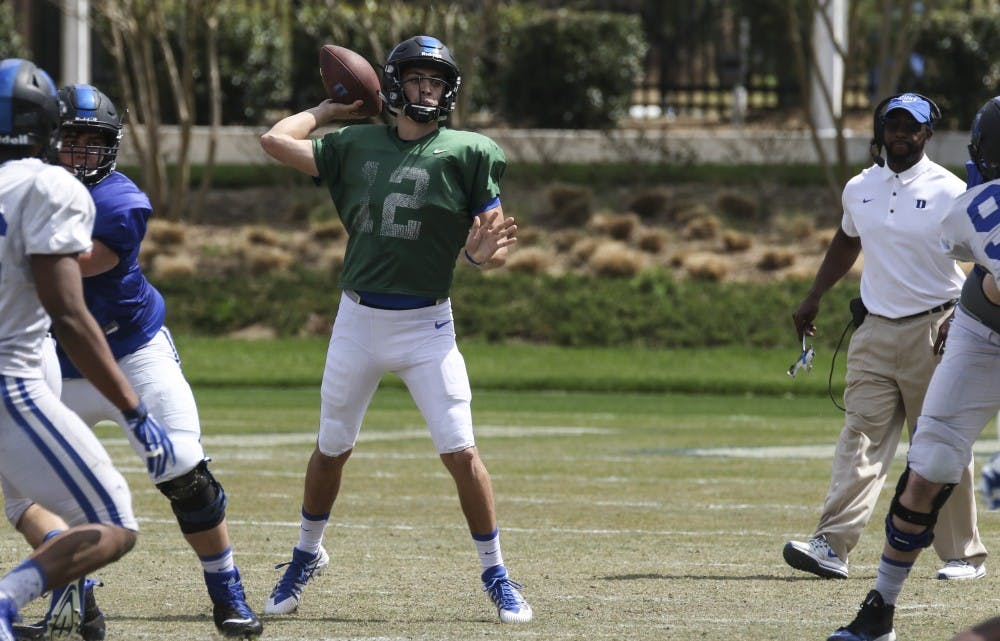 <p>Dual-threat Gunnar Holmberg will look to learn from another mobile quarterback in starter Daniel Jones.</p>