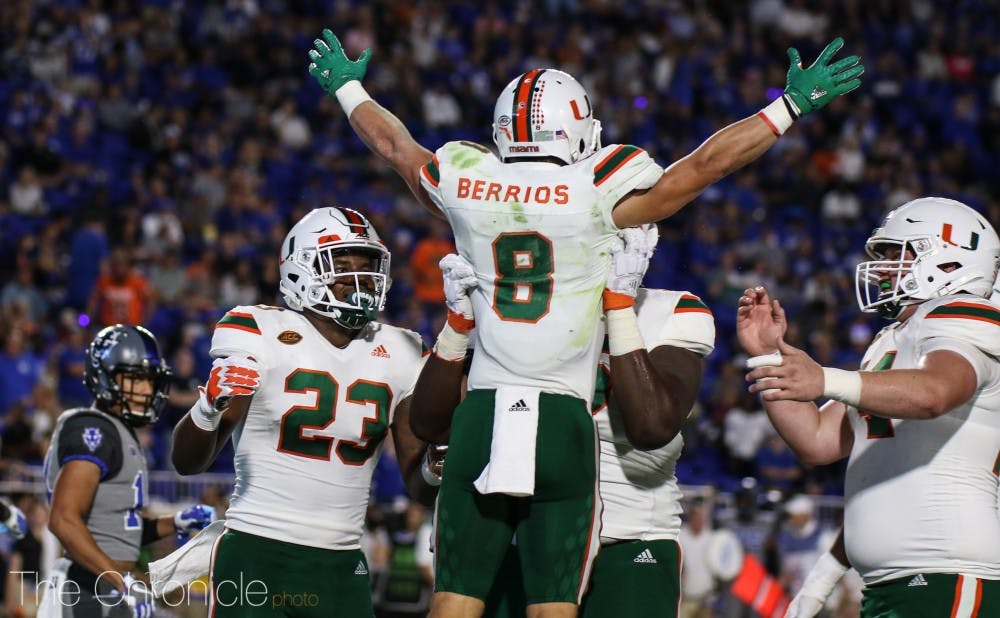 <p>Braxton Berrios caught a touchdown pass on Miami's first possession to give the Hurricanes a lead they never relinquished.</p>