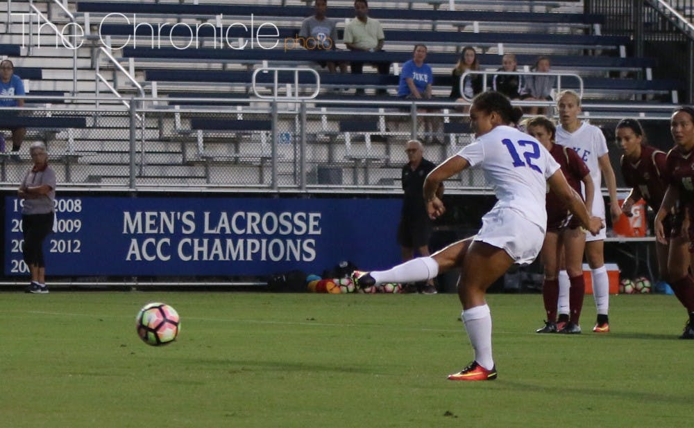 Sophomore Kayla McCoy scored two goals Friday evening, an early penalty kick to give Duke a 1-0 lead and the game-winner in the 77th minute to give the Blue Devils a hard-fought 3-2 win.