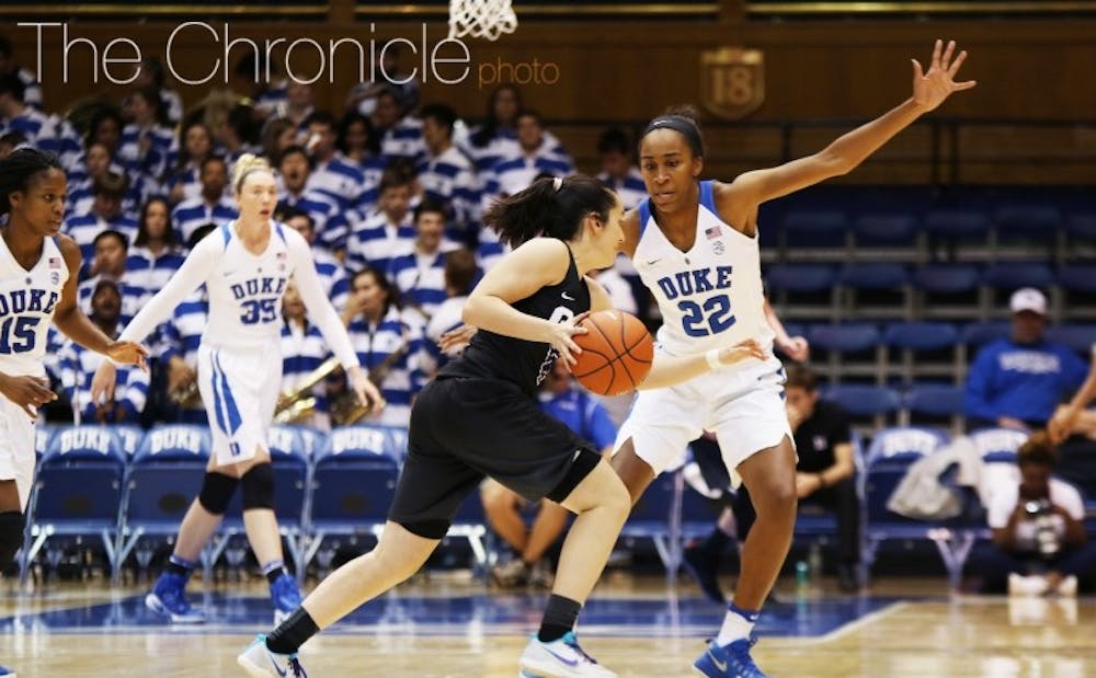 <p>Senior Oderah Chidom posted her first double-double of the season in the Blue Devils' Friday win.</p>