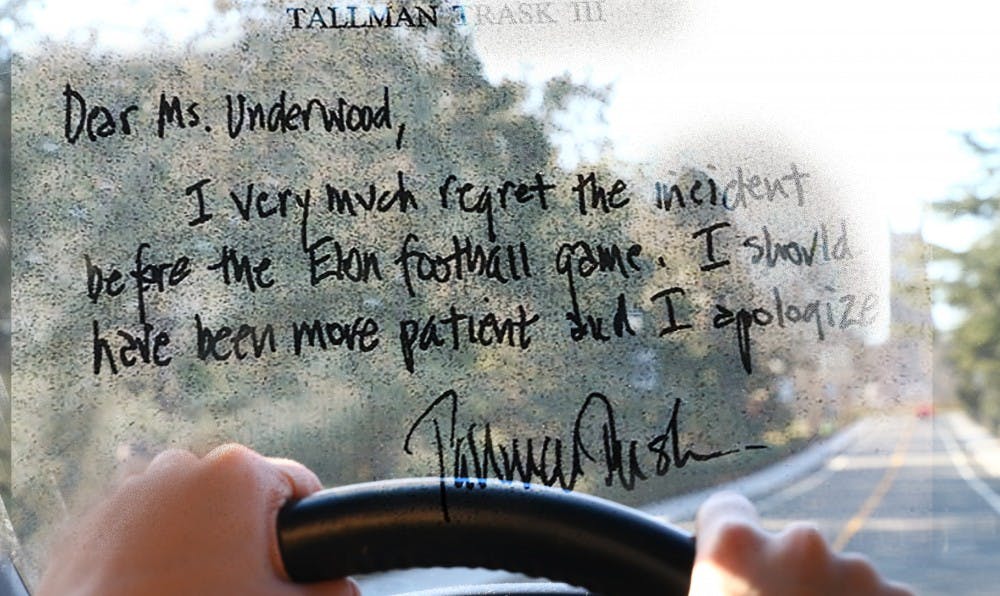 <p>The signed note by Executive Vice President Tallman Trask, above, was given to a parking attendant after Trask hit her with his vehicle and allegedly used a racial slur.</p>