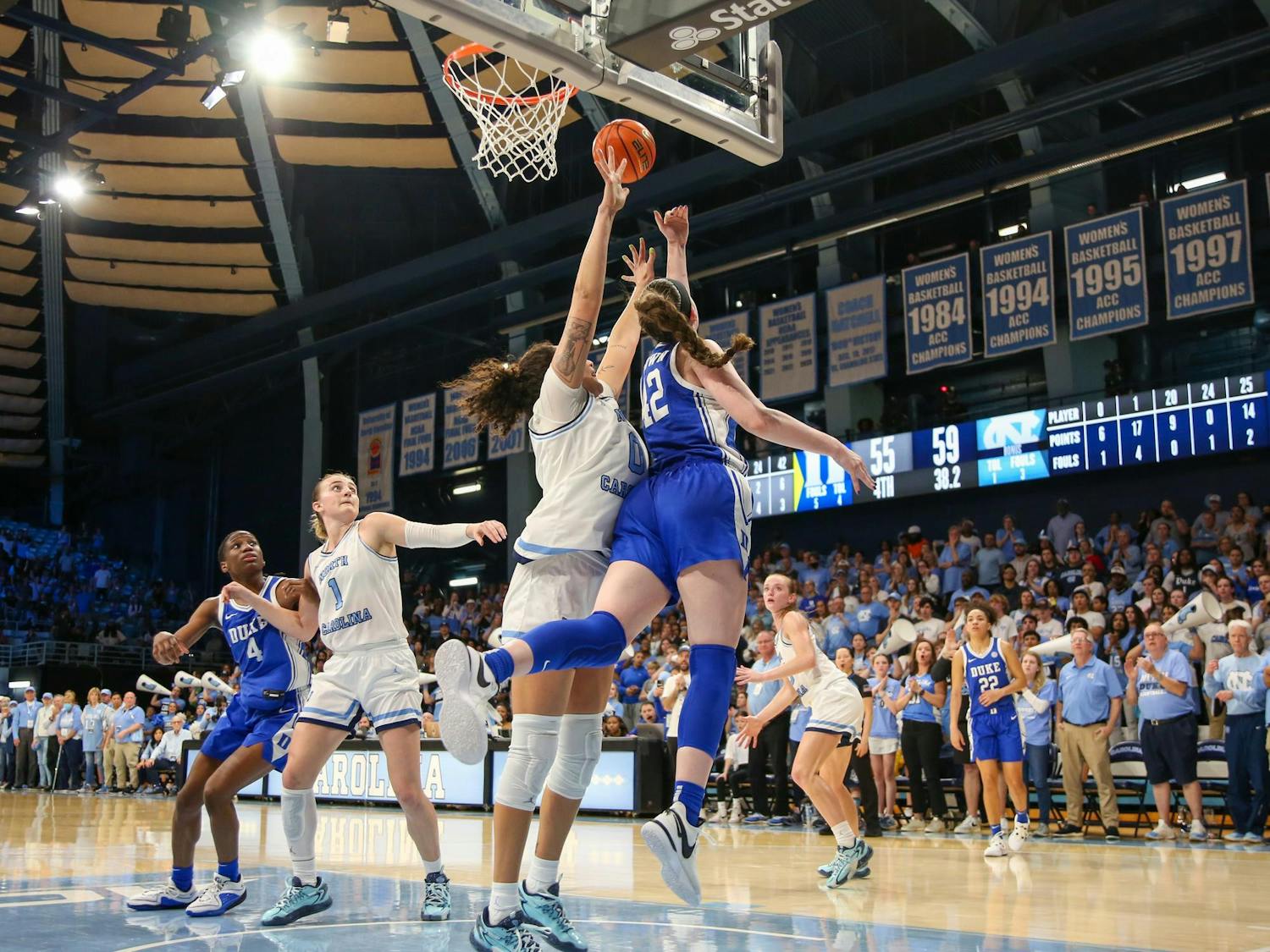 Kennedy Brown races under the basket for a reverse layup attempt against North Carolina.