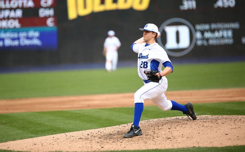 <p>Right-hander Brian McAfee became the third straight Blue Devil starter to go seven innings during a weekend sweep of the Rockets, allowing just one run on four hits.</p>