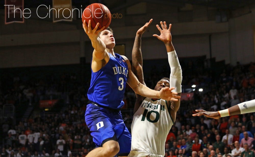 <p>Sophomore Grayson Allen scored 11 of his 17 points in the second half as the Blue Devils tried to mount a comeback, but Miami made its last eight shots to close out the game.</p>