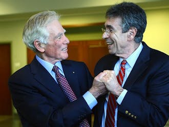 Dr. Robert Lefkowitz, James B. Duke professor of medicine,  celebrates his Nobel Prize in chemistry with Dr. Ralph Snyderman, chancellor emeritus for health affairs. The prize was announced Wednesday morning.