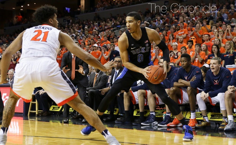 <p>Jayson Tatum made six of his team's nine 3-pointers as the Blue Devils shot over the top of Virginia's vaunted pack-line defense to deliver a key ACC victory.&nbsp;</p>