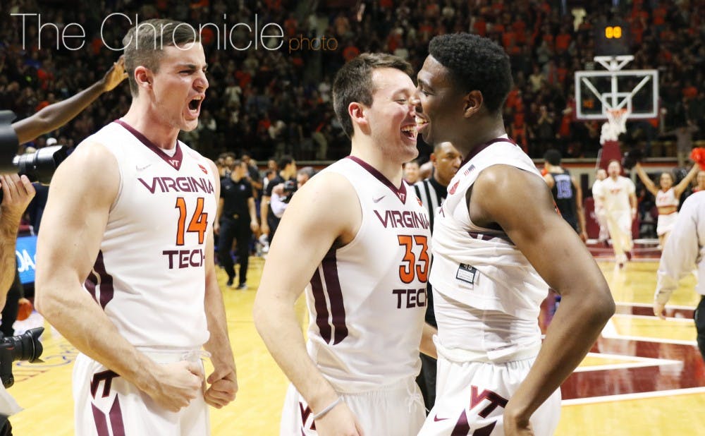 Virginia Tech celebrated after its fans stormed the court Saturday afternoon. The Hokies never let the lead fall below 10 after halftime.&nbsp;