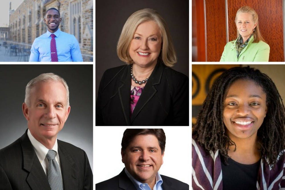 <p>The new members of the Board of Trustees (clockwise from the left)&nbsp;are&nbsp;Uzoma Ayogu, Laura Wellman, Kathryn Hollister, Erika Moore, J.B. Pritzker and L. Frederick Sutherland.</p>