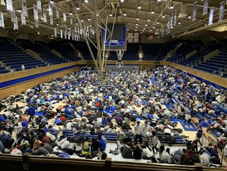 A record 174 tenting groups—nearly one-third of the undergraduate student population—packed onto the court of Cameron Indoor Stadium Wednesday night for an opportunity to become one of the 70 Blue tents in Krzyzewskiville. 