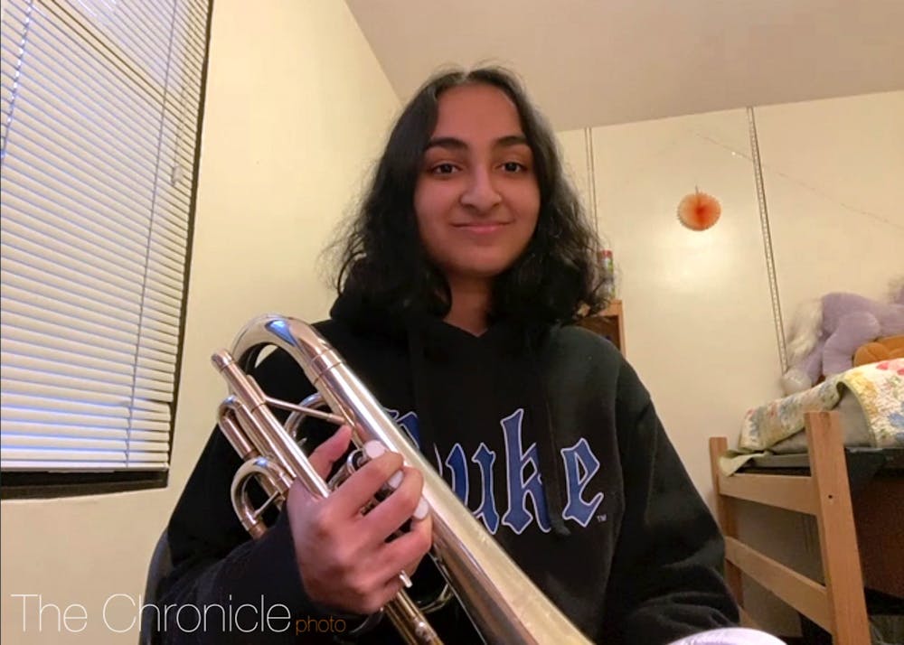 <p>First-year Zahra Hassan is a member of the marching band, which is holding in-person, socially distanced rehearsals this year.</p>