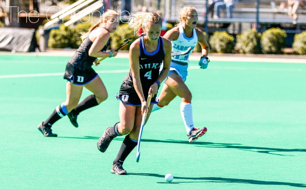 <p>Senior Ashley Kristen scored the lone goal early in Duke's scrimmage against North Carolina on a rebound in front of the net.</p>