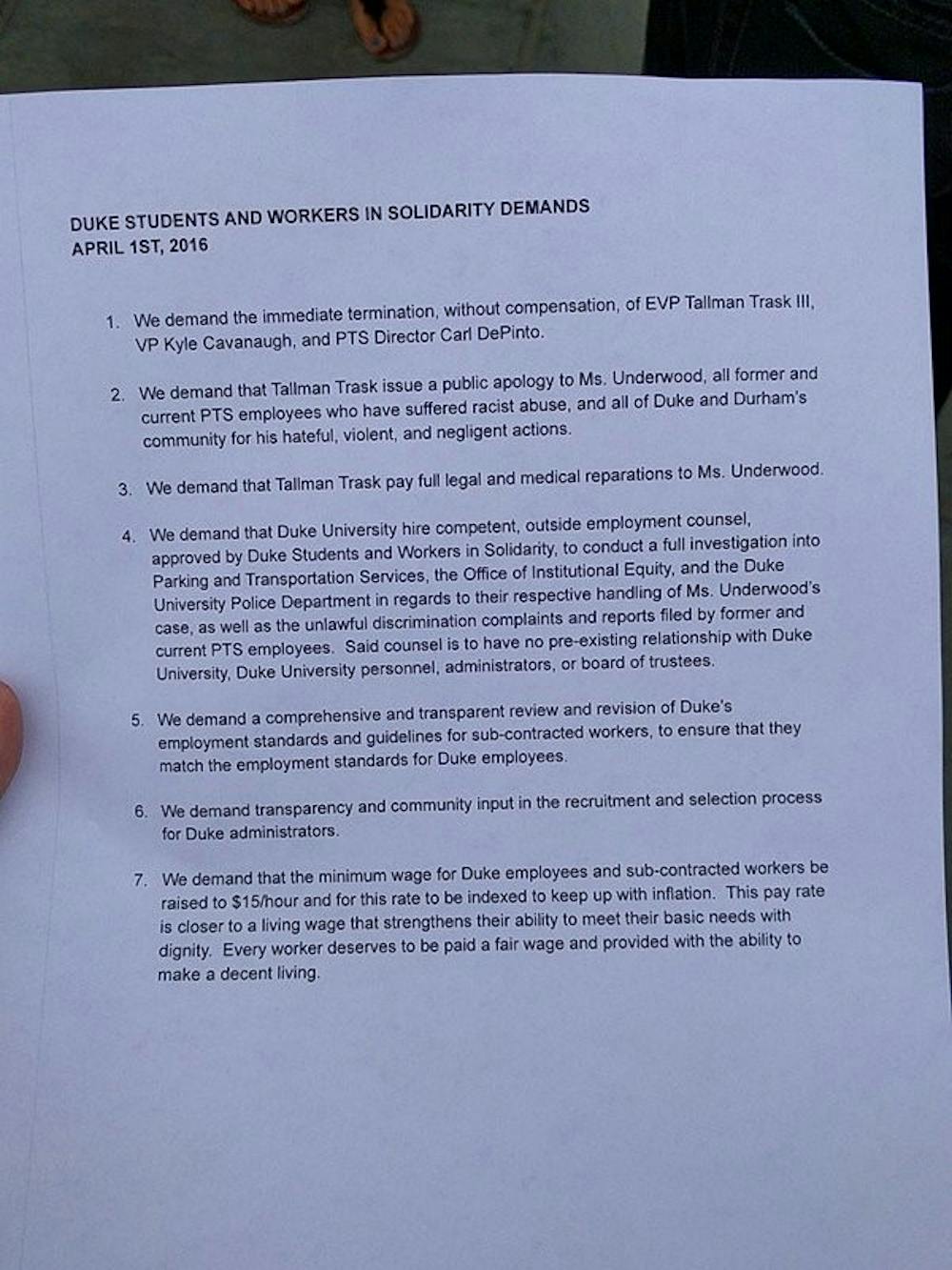The full list of demands issued by students Friday that protestors say must be met before students leave the Allen Building.