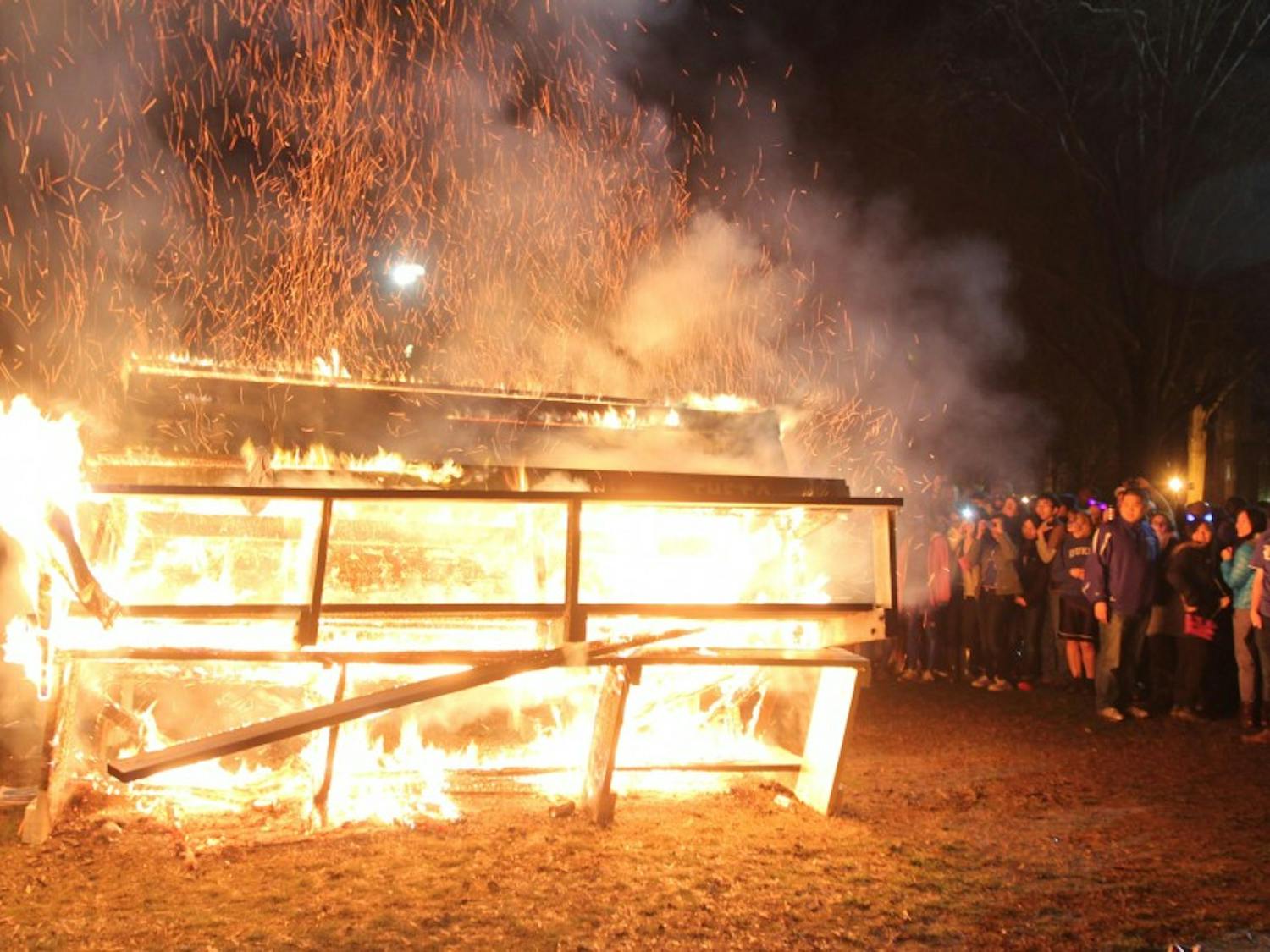 Duke students celebrate a win by burning benches on the Main West Quadrangle.