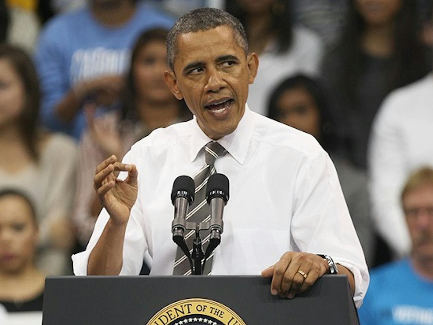 President Barack Obama addresses a large crowd at the University of North Carolina at Chapel Hill Tuesday.