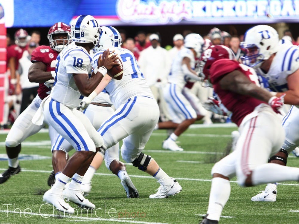 <p>Despite the lopsided score, Duke showed promise early on in its white uniforms against Alabama.</p>
