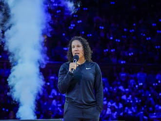 Duke women's basketball head coach Kara Lawson speaks to the crowd at 2023 Countdown to Craziness.