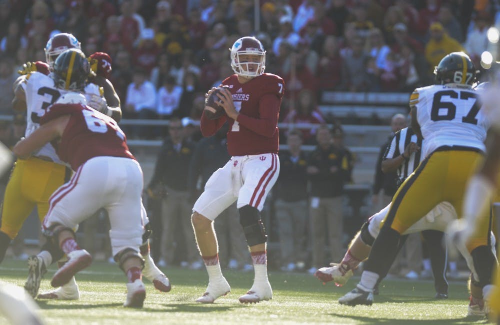 Quarterback Nate Sudfeld looks to pass during the game against Iowa on Saturday at Memorial Stadium. The Hoosiers lost, 27-35.