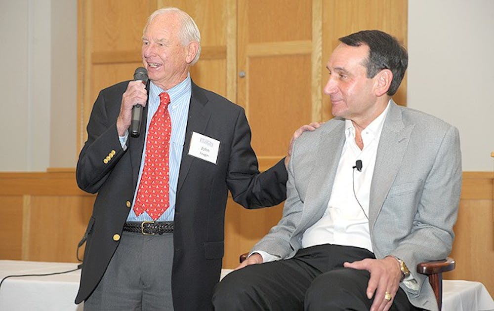 Dr. John Feagin, Medicine ’61, and men’s basketball Coach Mike Krzyzewski speak at the Feagin Leadership Forum.