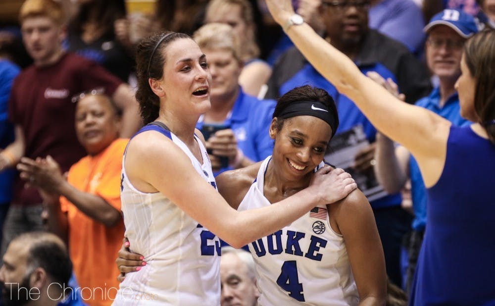 Lexie Brown and Rebecca Greenwell combined to score 53 of Duke’s 70 points in their final regular-season game at Cameron Indoor Stadium.